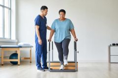 Physical therapist assisting patient walking on parallel bars in bright rehabilitation clinic.