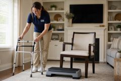 Home-based physical therapist assisting with walker setup for hip replacement recovery before travel.