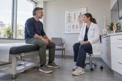 Doctor in white coat consulting middle-aged patient in orthopedic exam room with anatomy models.