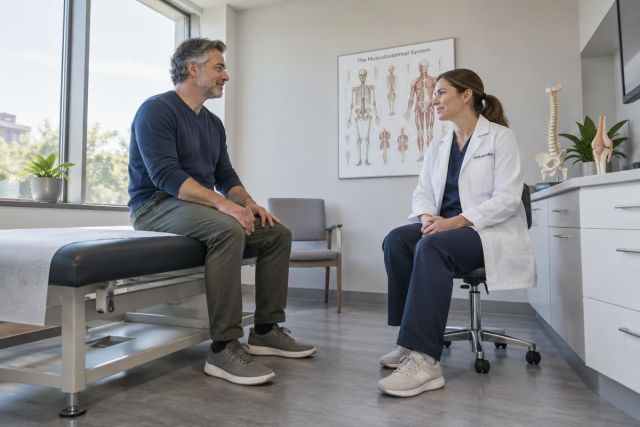 Doctor in white coat consulting middle-aged patient in orthopedic exam room with anatomy models.