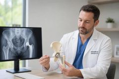 Orthopedic specialist explaining hip implant using model beside pelvic x-ray in clinical office.