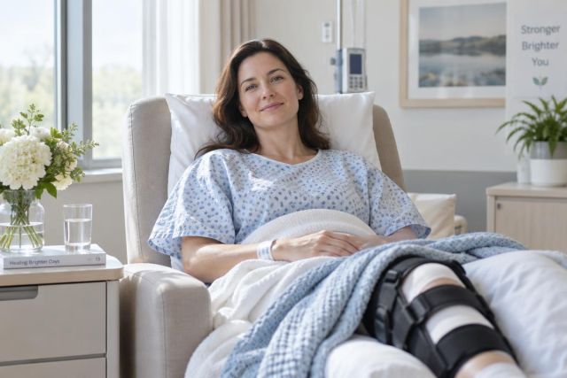 Smiling patient resting in hospital chair with leg brace, IV pole, and flowers.