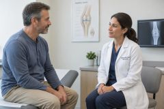 Orthopedic specialist consulting a middle-aged patient in clinic, knee X-ray and anatomy poster visible.