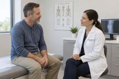 Orthopedic specialist consulting a patient in clinic, skeletal chart and knee X-ray visible.