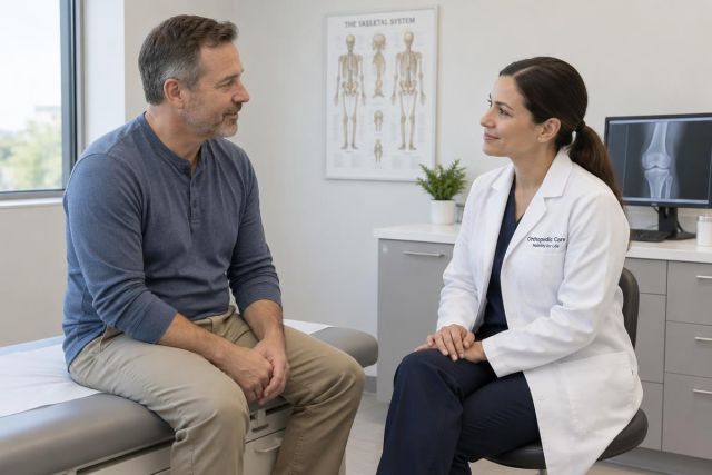 Orthopedic specialist consulting a patient in clinic, skeletal chart and knee X-ray visible.