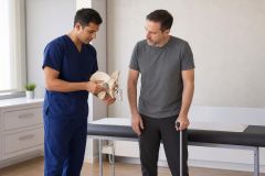 Orthopedic clinician explaining hip implant model to patient with cane in exam room.