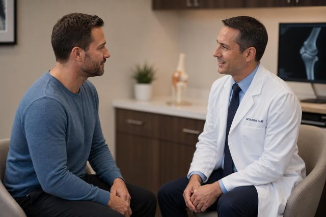 Orthopedic surgeon consulting with patient in exam room, knee X-ray and anatomical knee model visible.