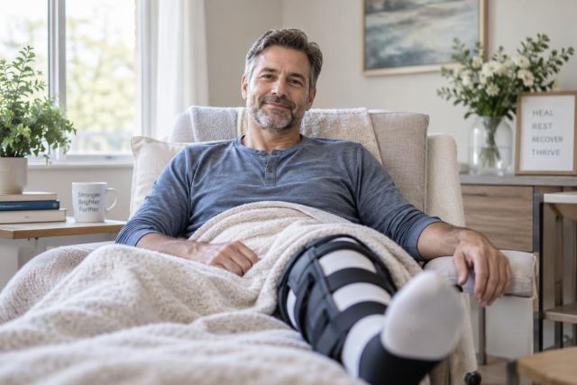 Smiling middle-aged man reclining at home with leg brace during orthopedic recovery.