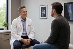 Doctor consulting with patient in orthopedic exam room with knee X-rays on wall.