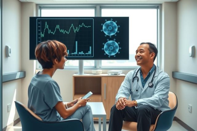 Doctor and patient in consultation. Healthcare professional sits with a patient in a clinical setting, discussing health concerns.  Bright, modern room.  Medical consultation, patient care, doctor-patient relationship.