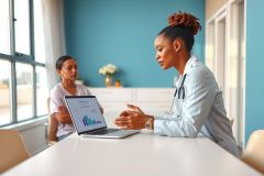 Doctor consults with a patient in a modern office setting. The doctor is wearing a white coat and stethoscope, sitting at a table with a laptop. Warm natural light illuminates the scene.