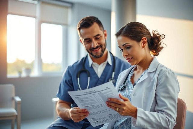 Two healthcare professionals, a doctor and nurse, review a document in a modern office setting. They are wearing scrubs and a lab coat, suggesting a medical context. Warm lighting and a clean aesthetic create a professional atmosphere.