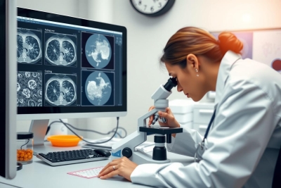 The image shows a professional environment, likely a medical or scientific facility. At the center is a woman who appears to be an expert in her field. She's wearing a white lab coat. The woman has her head down, focusing on an object held under a microscope, suggesting she might be analyzing samples or conducting research.