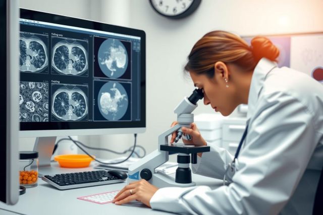 The image shows a professional environment, likely a medical or scientific facility. At the center is a woman who appears to be an expert in her field. She's wearing a white lab coat. The woman has her head down, focusing on an object held under a microscope, suggesting she might be analyzing samples or conducting research.