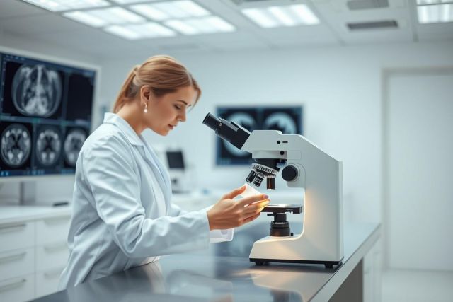 Scientist in a modern laboratory examining a sample under a microscope. The bright, clean lab setting features medical scans on a monitor. Focus on scientific research, medical analysis, and laboratory work. White and gray color palette.