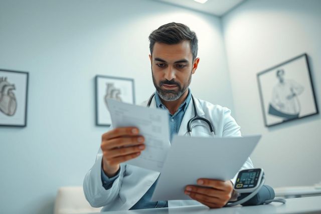 Focused male doctor in a modern clinic examining patient records. He wears a white coat and stethoscope, reviewing documents with a blood pressure monitor nearby. Blue and neutral tones create a professional healthcare setting.