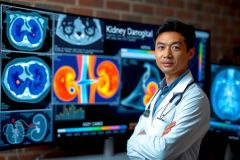 In this image, a young Asian male doctor is standing in front of an array of medical imaging screens. He is dressed professionally in a white lab coat and seems to be reviewing patient scans from multiple angles. 