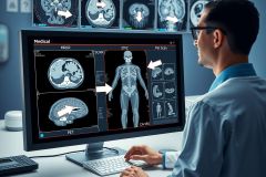 A medical professional is seated in front of a dual-screen setup displaying various medical images and data. The focus is on an image showing a cross-sectional view of the human body with annotations pointing to specific organs, likely part of a medical analysis or educational presentation.