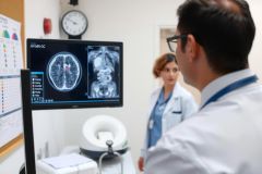 This is a medical setting where two healthcare professionals are examining a patient's MRI scan on a large computer screen. The patient's name and other personal identifiers have been obscured for privacy. 