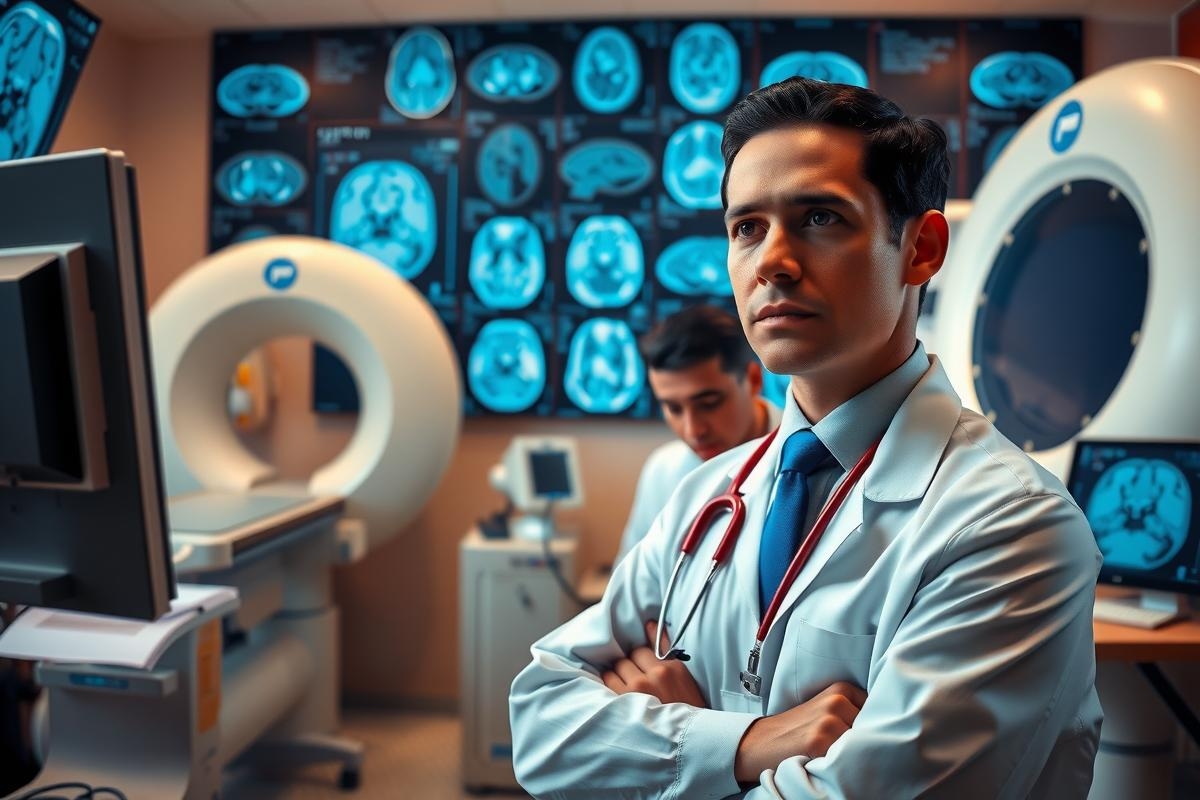 This is an image of a doctor in a medical setting. The man is wearing a white lab coat. He has short, dark hair and appears to be focused on some medical image or data displayed on the screens in front of him.