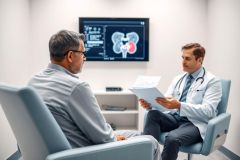Doctor discussing medical scan results with a patient in a modern clinic. The image shows a man in a chair facing a doctor holding paperwork, with a detailed medical scan of the urinary system displayed on a screen behind them. Blue and gray tones dominate the scene, conveying a professional healthcare setting.