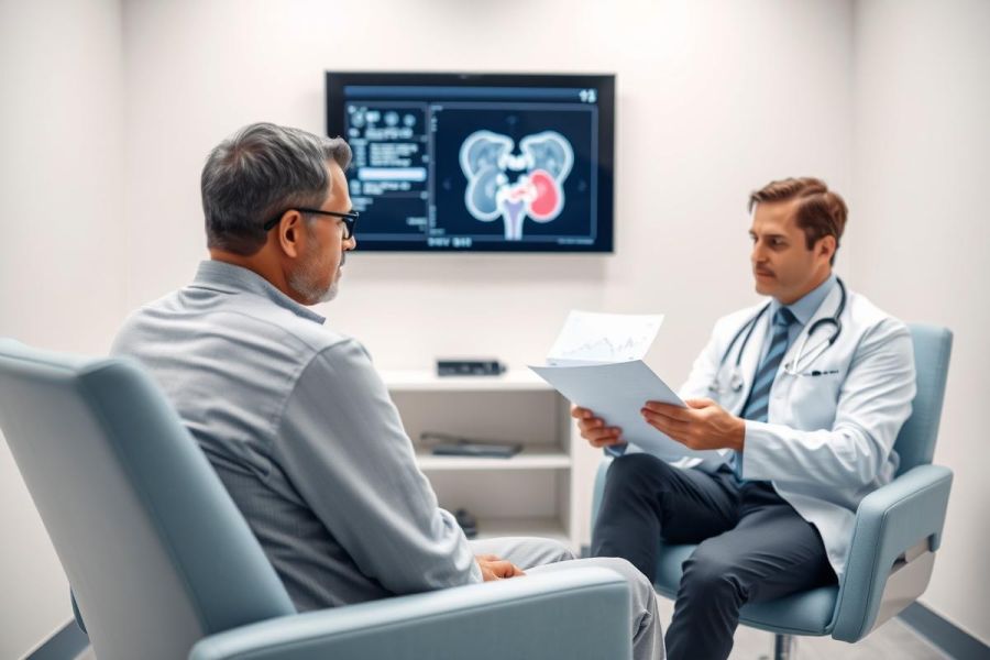 Doctor discussing medical scan results with a patient in a modern clinic. The image shows a man in a chair facing a doctor holding paperwork, with a detailed medical scan of the urinary system displayed on a screen behind them. Blue and gray tones dominate the scene, conveying a professional healthcare setting.