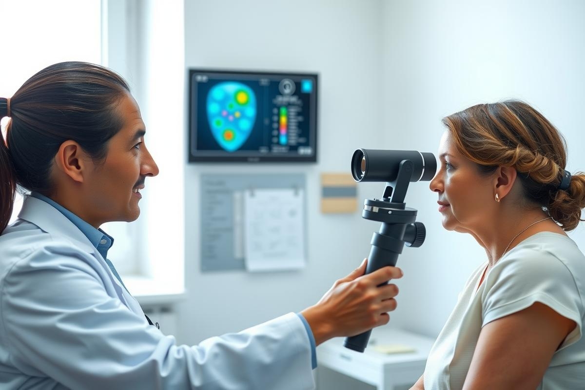 In the image, a doctor is performing an eye examination on a patient. The doctor, who has short dark hair, stands to the left of the patient and holds an ophthalmoscope close to her eye.