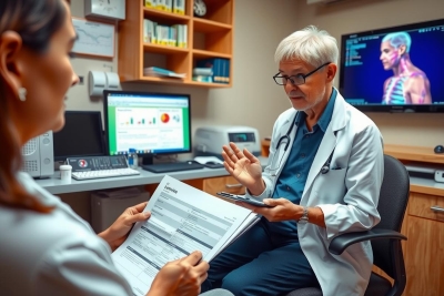 The image depicts a medical professional, likely a doctor, in an office setting. The doctor appears to be engaged in conversation with another individual who could be a patient or healthcare professional. The environment suggests a clinical space with modern equipment such as a computer monitor displaying health-related information and a TV screen visible in the background. There is a desk cluttered with medical records, a keyboard, and various office items that contribute to the professional atmosphere of the scene.