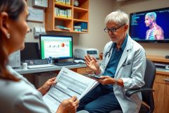 The image depicts a medical professional, likely a doctor, in an office setting. The doctor appears to be engaged in conversation with another individual who could be a patient or healthcare professional. The environment suggests a clinical space with modern equipment such as a computer monitor displaying health-related information and a TV screen visible in the background. There is a desk cluttered with medical records, a keyboard, and various office items that contribute to the professional atmosphere of the scene.