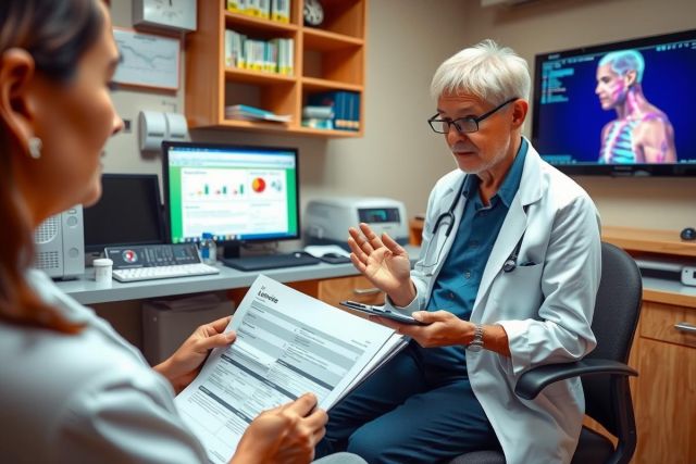 The image depicts a medical professional, likely a doctor, in an office setting. The doctor appears to be engaged in conversation with another individual who could be a patient or healthcare professional. The environment suggests a clinical space with modern equipment such as a computer monitor displaying health-related information and a TV screen visible in the background. There is a desk cluttered with medical records, a keyboard, and various office items that contribute to the professional atmosphere of the scene.