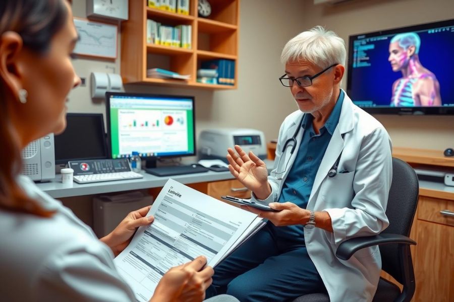 The image depicts a medical professional, likely a doctor, in an office setting. The doctor appears to be engaged in conversation with another individual who could be a patient or healthcare professional. The environment suggests a clinical space with modern equipment such as a computer monitor displaying health-related information and a TV screen visible in the background. There is a desk cluttered with medical records, a keyboard, and various office items that contribute to the professional atmosphere of the scene.