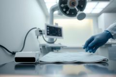 Surgical scene: gloved hand over a sterile drape on an operating table. Bright, clinical environment with medical equipment visible. Focus on hygiene and preparation for a procedure.