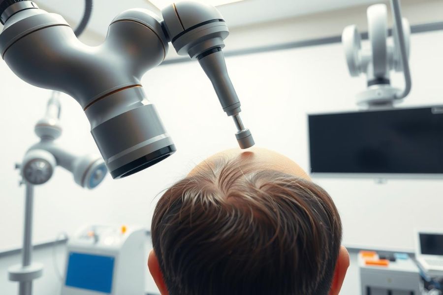 Close-up of a medical examination, likely a dermatology or scalp check. A doctor's instrument is positioned near the patient's head in a clinical setting with medical equipment visible.