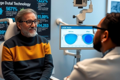The image depicts a medical examination scene. An older gentleman is sitting in an eye exam chair, wearing glasses and smiling at the doctor. He has a beard and is dressed in a yellow and black sweater. The doctor is standing behind him with a stethoscope around his neck.