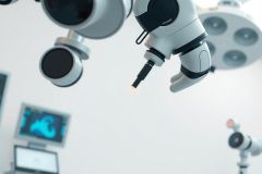 Surgical lights in an operating room. Bright, sterile environment with focused beams illuminating the surgical field. Medical equipment and technology are visible, emphasizing a clinical setting.