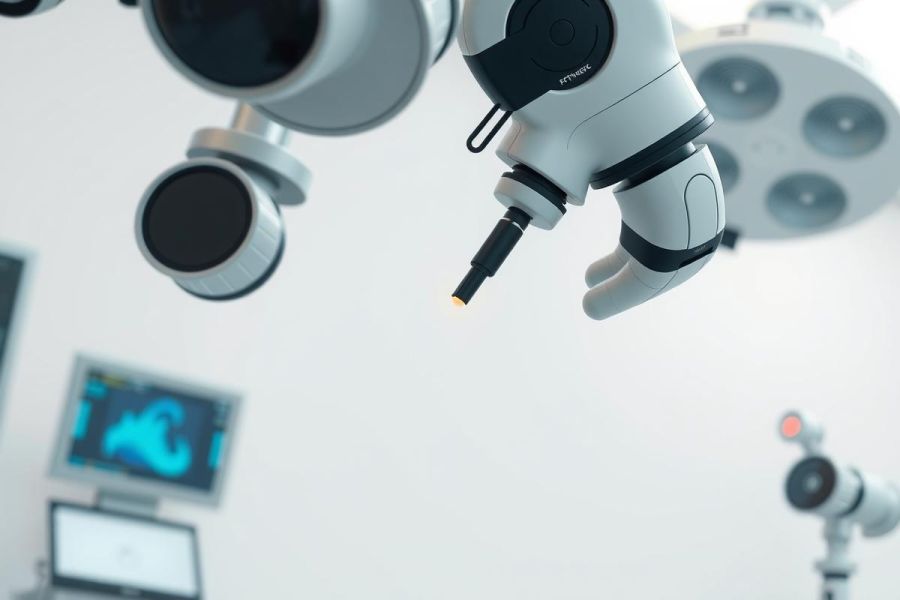 Surgical lights in an operating room. Bright, sterile environment with focused beams illuminating the surgical field. Medical equipment and technology are visible, emphasizing a clinical setting.