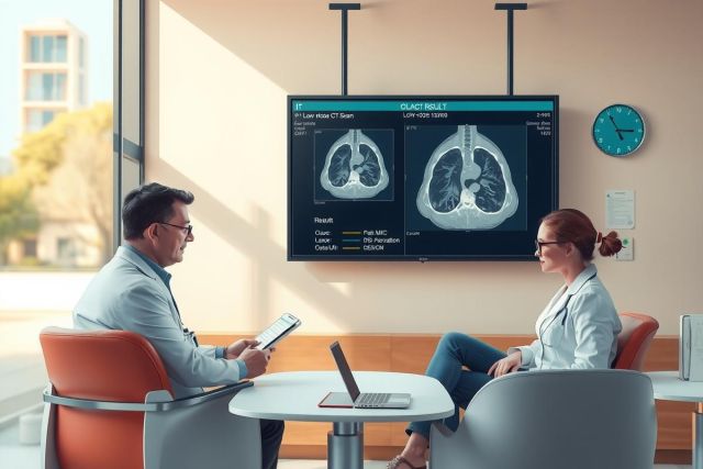 The image portrays a professional setting with two individuals, likely doctors or medical professionals, engaged in conversation. They are seated at a table in front of a large display screen that features a three-dimensional rendering of a human chest X-ray. 