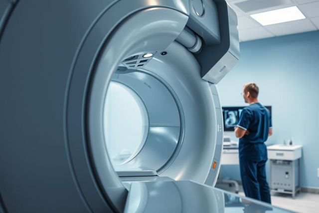 Medical imaging: A doctor stands near an MRI machine in a modern, blue-toned clinic. The image showcases the technology used for diagnostic scanning, highlighting healthcare and medical equipment. Focus on MRI, doctor, hospital, radiology, and medical technology.