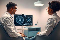Doctor and patient in an eye exam clinic. Two professionals, one wearing a white coat, are reviewing a retinal scan on a monitor. The room features a modern, clean aesthetic with cool blue and gray tones, showcasing healthcare technology and patient care.