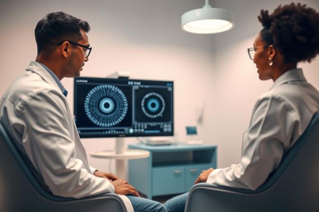 Doctor and patient in an eye exam clinic. Two professionals, one wearing a white coat, are reviewing a retinal scan on a monitor. The room features a modern, clean aesthetic with cool blue and gray tones, showcasing healthcare technology and patient care.