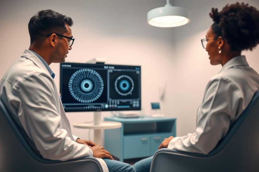 Doctor and patient in an eye exam clinic. Two professionals, one wearing a white coat, are reviewing a retinal scan on a monitor. The room features a modern, clean aesthetic with cool blue and gray tones, showcasing healthcare technology and patient care.