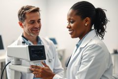 Two healthcare professionals, a man and a woman in white coats, collaborate in a medical setting. They are viewing a patient monitor displaying a heart rate waveform. The image features a bright, clean environment and conveys themes of teamwork, healthcare, and medical technology.