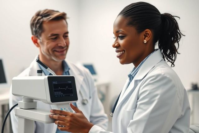 Two healthcare professionals, a man and a woman in white coats, collaborate in a medical setting. They are viewing a patient monitor displaying a heart rate waveform. The image features a bright, clean environment and conveys themes of teamwork, healthcare, and medical technology.