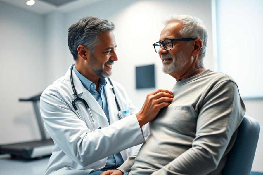 Doctor comforting an elderly patient in a modern medical clinic. Warm colors and a caring interaction highlight healthcare and senior wellness. Focus on empathy and patient care.