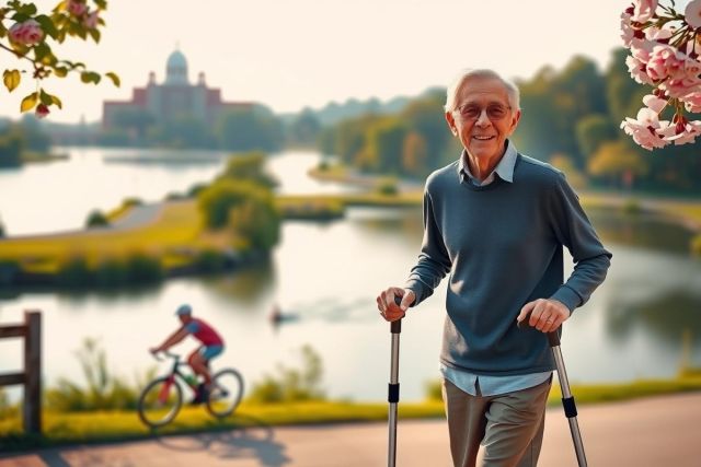 The image shows an elderly man walking with a cane along a pathway. He is smiling and appears to be enjoying the scenery, which includes a body of water and trees in the background.