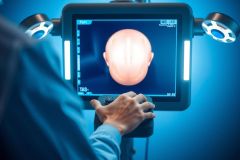 Surgeon's hands operate during a medical procedure under bright surgical lights. Close-up, focused on precision and expertise in a sterile environment.
