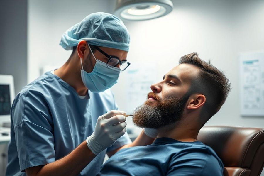 Medical procedure in a clinic. A surgeon in blue scrubs and mask examines a patient's beard with a tool. The scene is brightly lit with a sterile, professional environment. Focus on beard grooming and healthcare services.