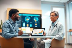 Doctors are meeting in a modern office setting. They are reviewing data on a tablet. Warm lighting and orange chairs create a welcoming atmosphere.