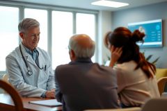 Doctor consults with patients in a modern office setting. A medical professional wearing a white coat and stethoscope discusses health concerns with a couple. Professional healthcare consultation.
