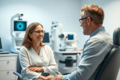 Eye exam consultation. A woman and man converse in a bright, modern ophthalmology clinic. Medical equipment is visible in the background. Focus on eye health, vision care, and patient consultation.